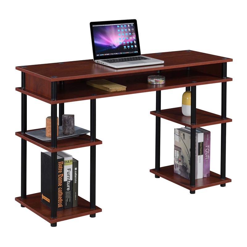 Pemberly Row No-tools Student Desk in Cherry Wood Finish and Black Poles