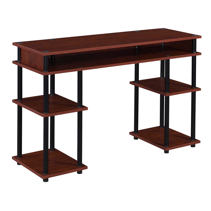 Pemberly Row No-tools Student Desk in Cherry Wood Finish and Black Poles