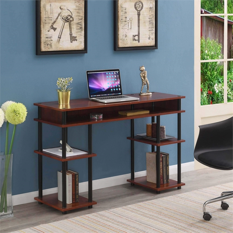 Pemberly Row No-tools Student Desk in Cherry Wood Finish and Black Poles