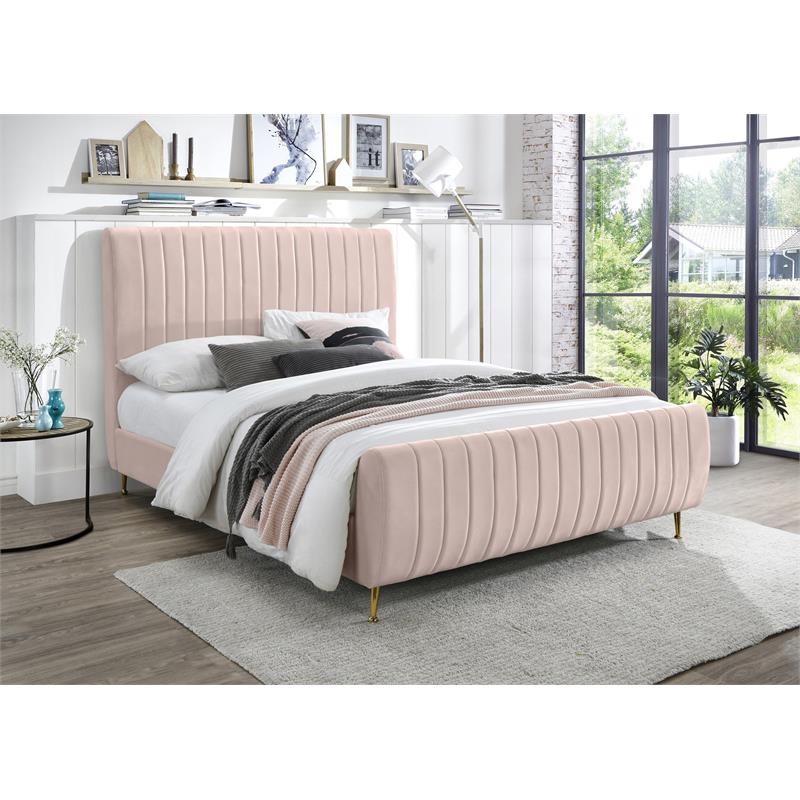 Pemberly Row Contemporary Transitional Pink Finish Velvet Full Bed