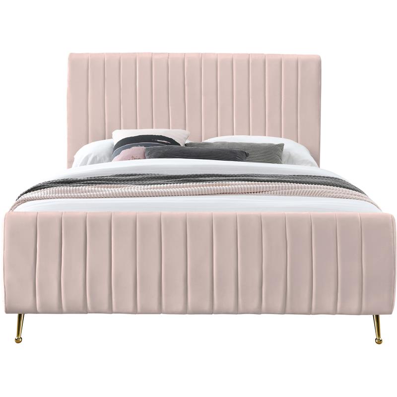 Pemberly Row Contemporary Transitional Pink Finish Velvet Full Bed