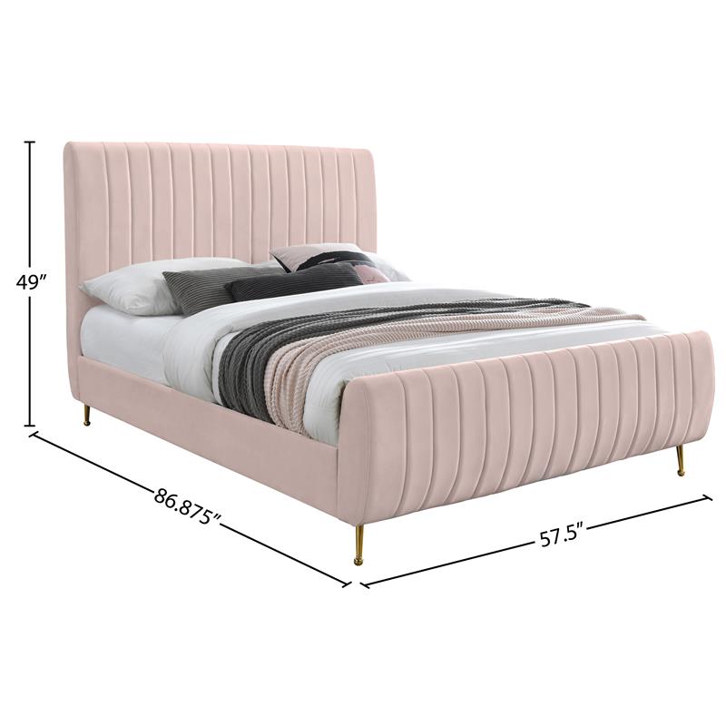 Pemberly Row Contemporary Transitional Pink Finish Velvet Full Bed
