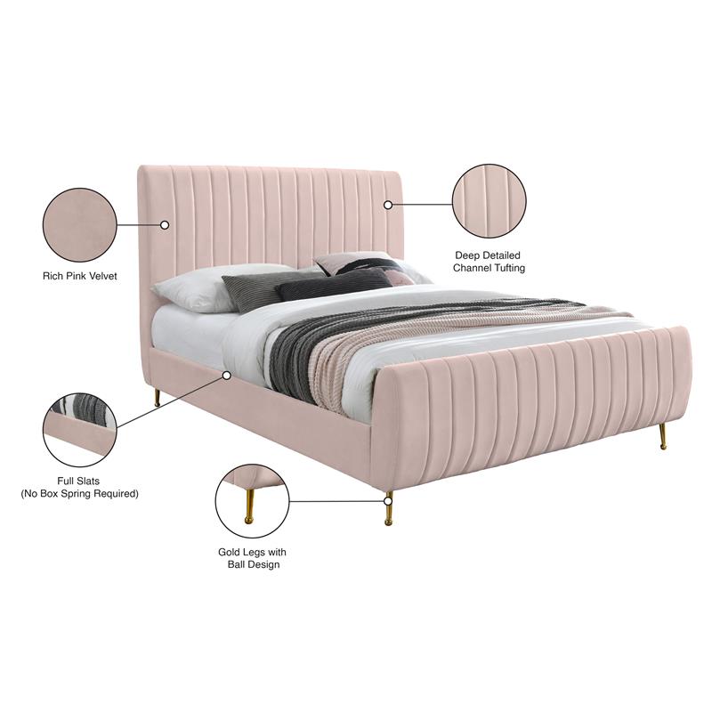 Pemberly Row Contemporary Transitional Pink Finish Velvet Full Bed