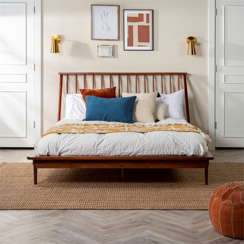 Pemberly Row 3-Piece Solid Wood Bedroom Set Spindle Bed + 2 nightstands - Walnut