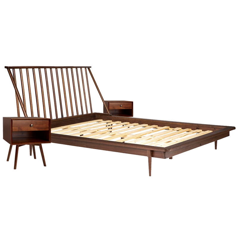 Pemberly Row 3-Piece Solid Wood Bedroom Set Spindle Bed + 2 nightstands - Walnut