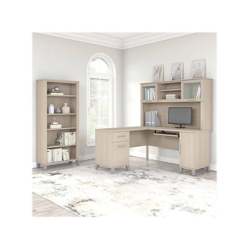 Pemberly Row Modern 60W Desk Hutch in Sand Oak - Engineered Wood