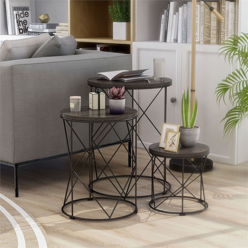Pemberly Row Contemporary Wood 3-Piece Nesting Tables in Black