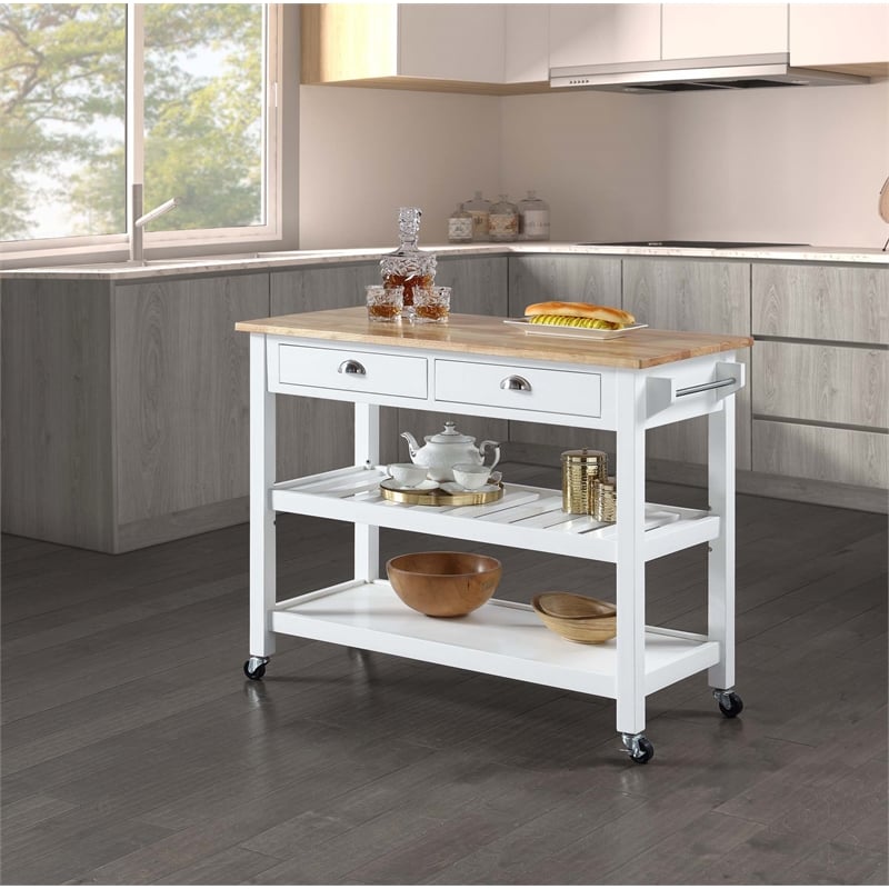 Pemberly Row Modern Block Top Kitchen Cart in White Wood Finish