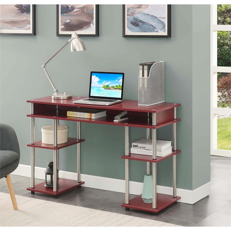 Pemberly Row No Tools Student Desk with Shelves in Cranberry Red Wood Finish