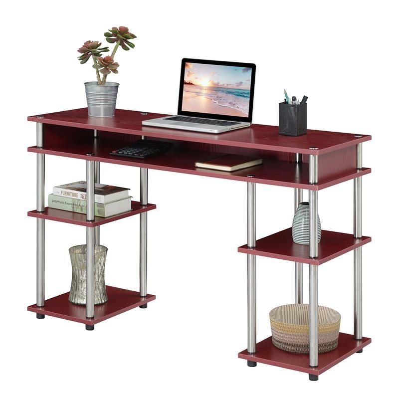 Pemberly Row No Tools Student Desk with Shelves in Cranberry Red Wood Finish