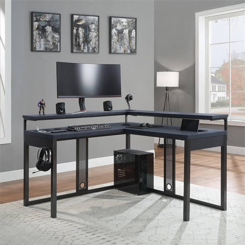Pemberly Row Loadout L-Shape Gaming Desk in Black Steel Metal