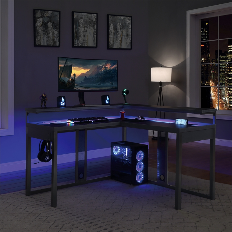 Pemberly Row Loadout L-Shape Gaming Desk in Black Steel Metal
