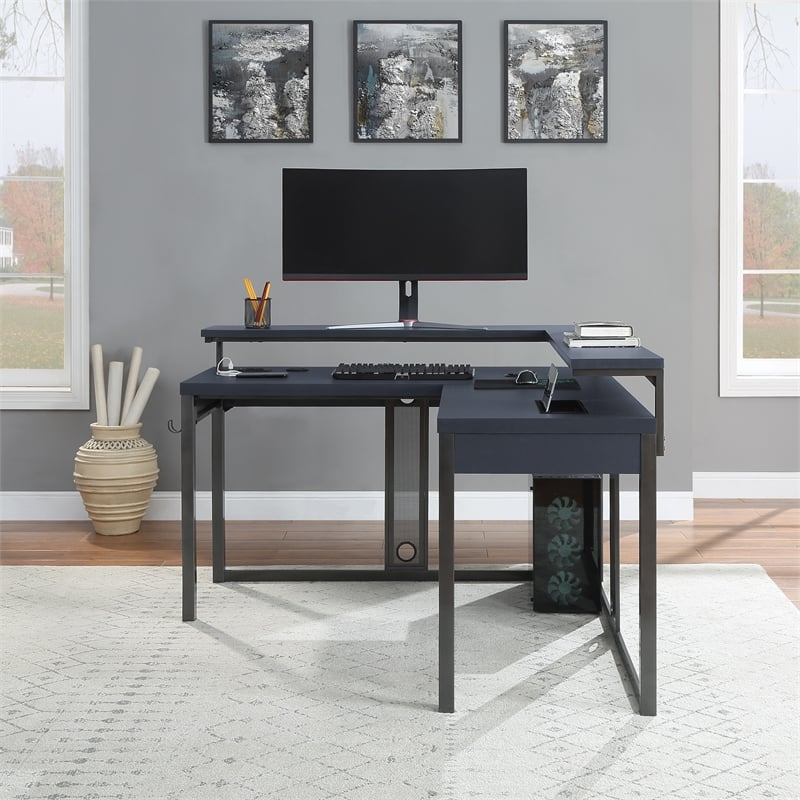 Pemberly Row Loadout L-Shape Gaming Desk in Black Steel Metal