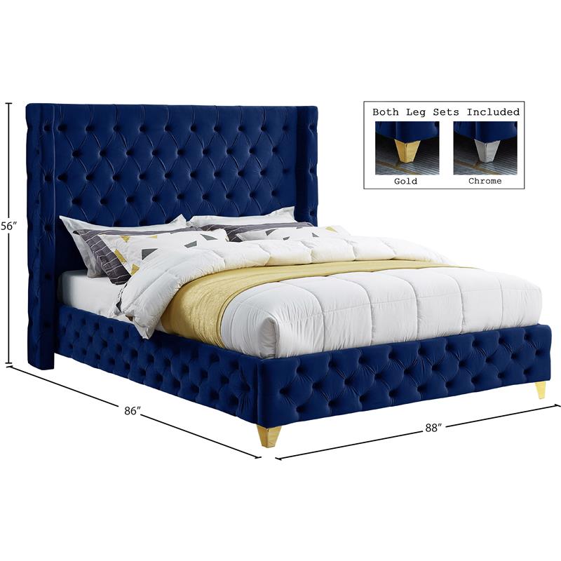 Pemberly Row Contemporary Transitional Navy Finish Velvet King Bed