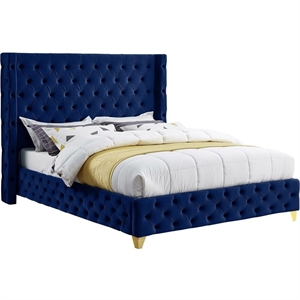 Pemberly Row Contemporary Transitional Navy Finish Velvet King Bed