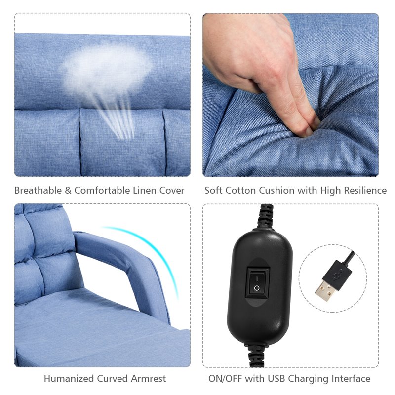 Pemberly Row Cotton Sofa Massage Recliner with 5 Adjustable Backrest in Blue