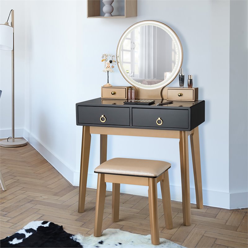 Pemberly Row MDF Vanity Makeup Dressing Set with Round LED Mirror in Black