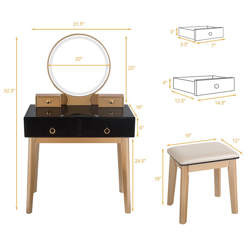 Pemberly Row MDF Vanity Makeup Dressing Set with Round LED Mirror in Black