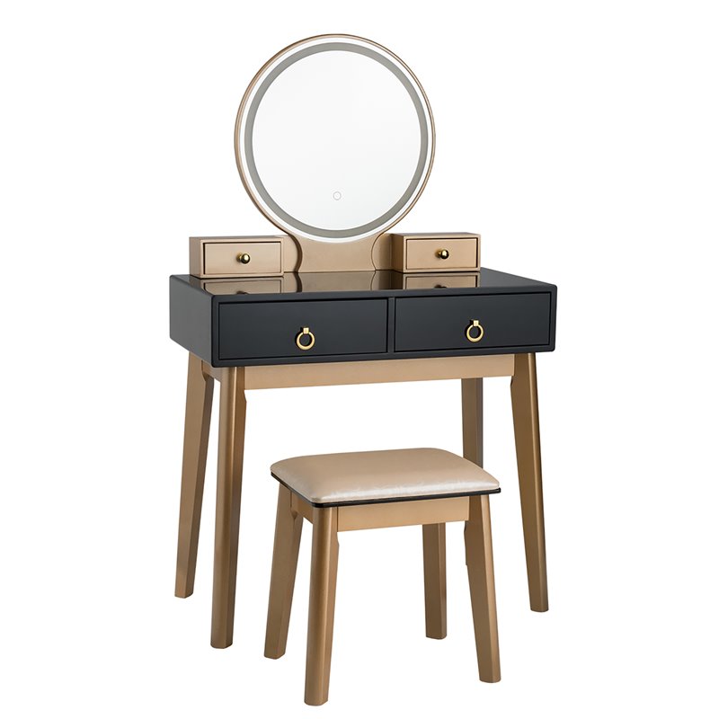 Pemberly Row MDF Vanity Makeup Dressing Set with Round LED Mirror in Black