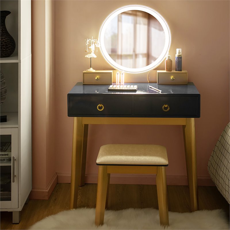 Pemberly Row MDF Vanity Makeup Dressing Set with Round LED Mirror in Black