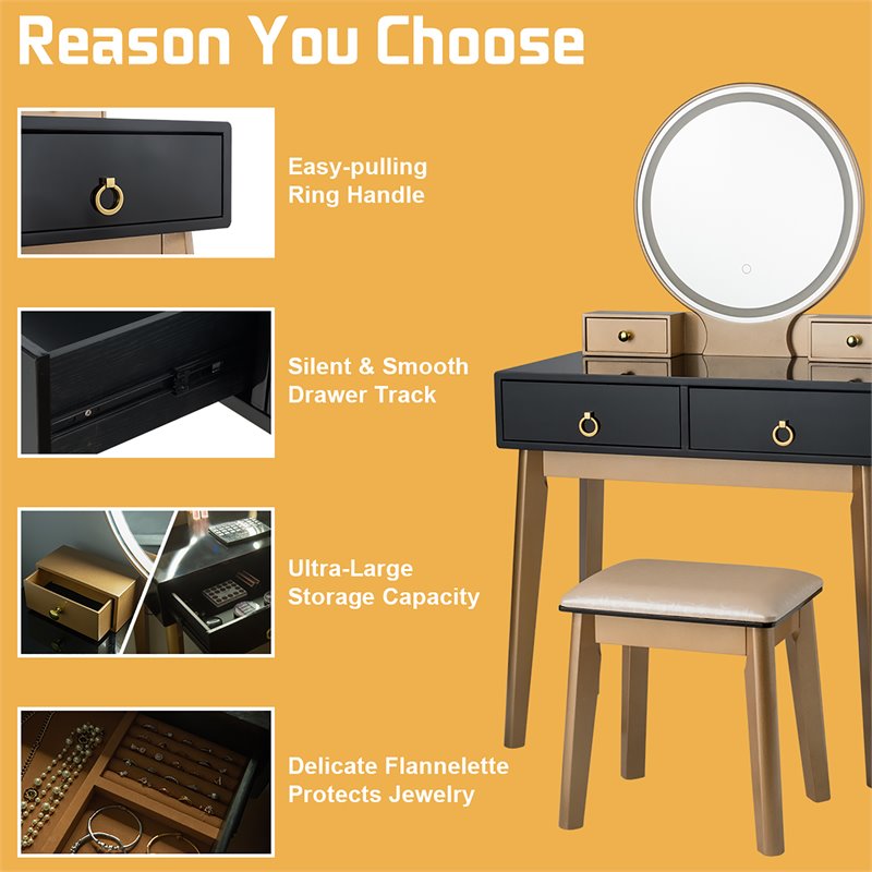 Pemberly Row MDF Vanity Makeup Dressing Set with Round LED Mirror in Black
