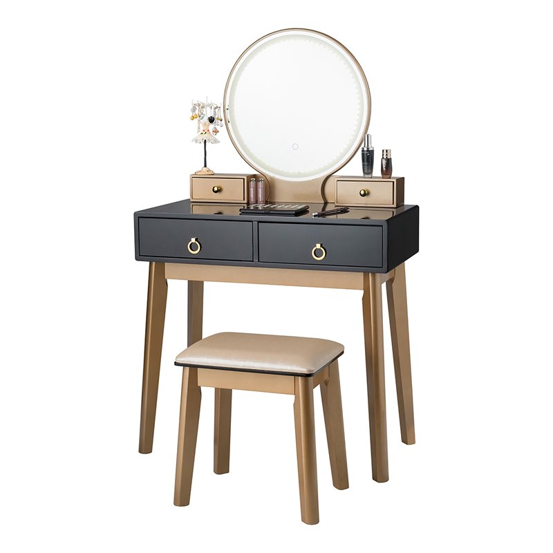 Pemberly Row MDF Vanity Makeup Dressing Set with Round LED Mirror in Black