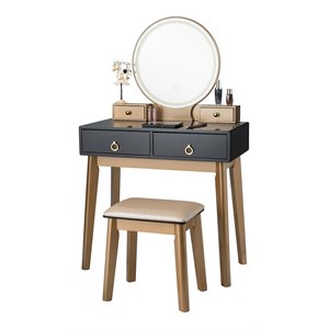 Pemberly Row MDF Vanity Makeup Dressing Set with Round LED Mirror in Black