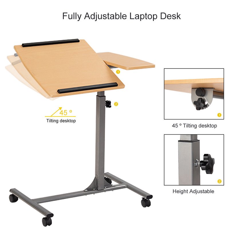 Pemberly Row Steel and Plastic Adjustable Laptop Notebook Desk Cart in Walnut