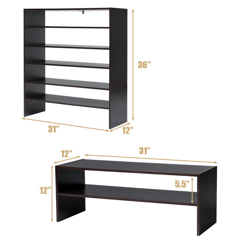Pemberly Row 3-piece MDF Stackable Shoe Rack with 2-tier Storage Shelf in Brown