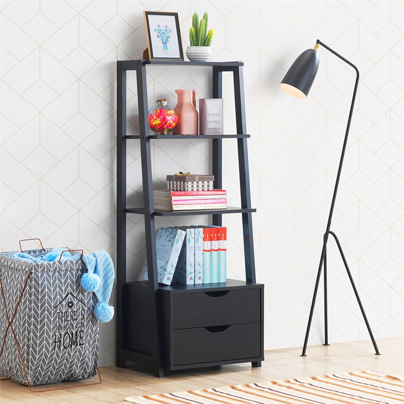 Pemberly Row 4-Tier Contemporary MDF Ladder Bookcase with 2 Drawers in Black