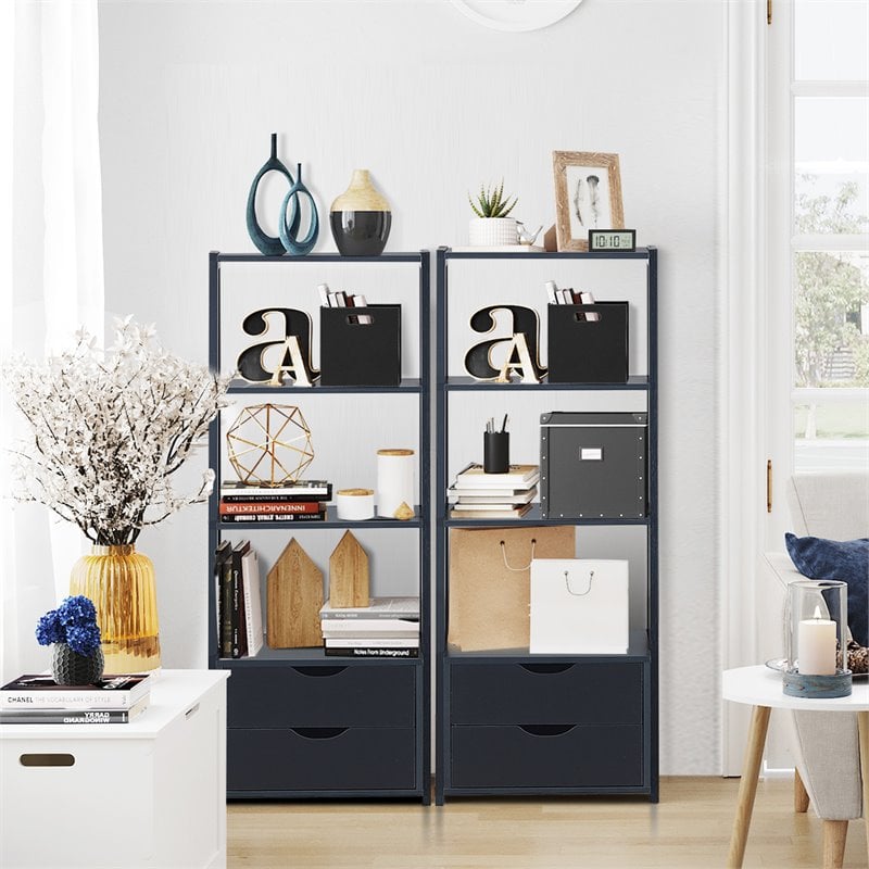 Pemberly Row 4-Tier Contemporary MDF Ladder Bookcase with 2 Drawers in Black