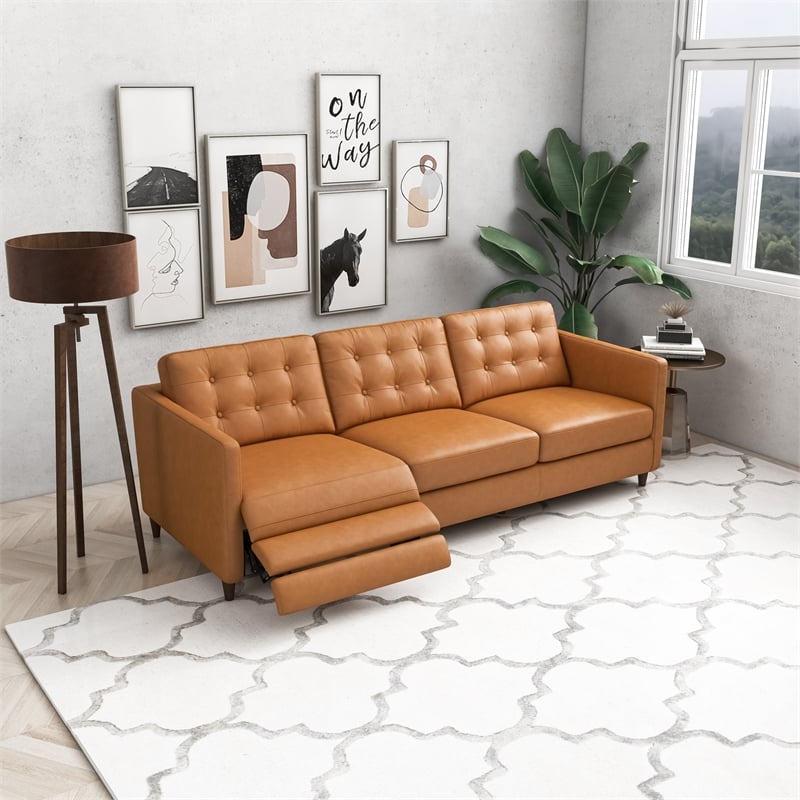 Pemberly Row Living Room Cognac Tan Leather Power Left-Facing Incliner Couch
