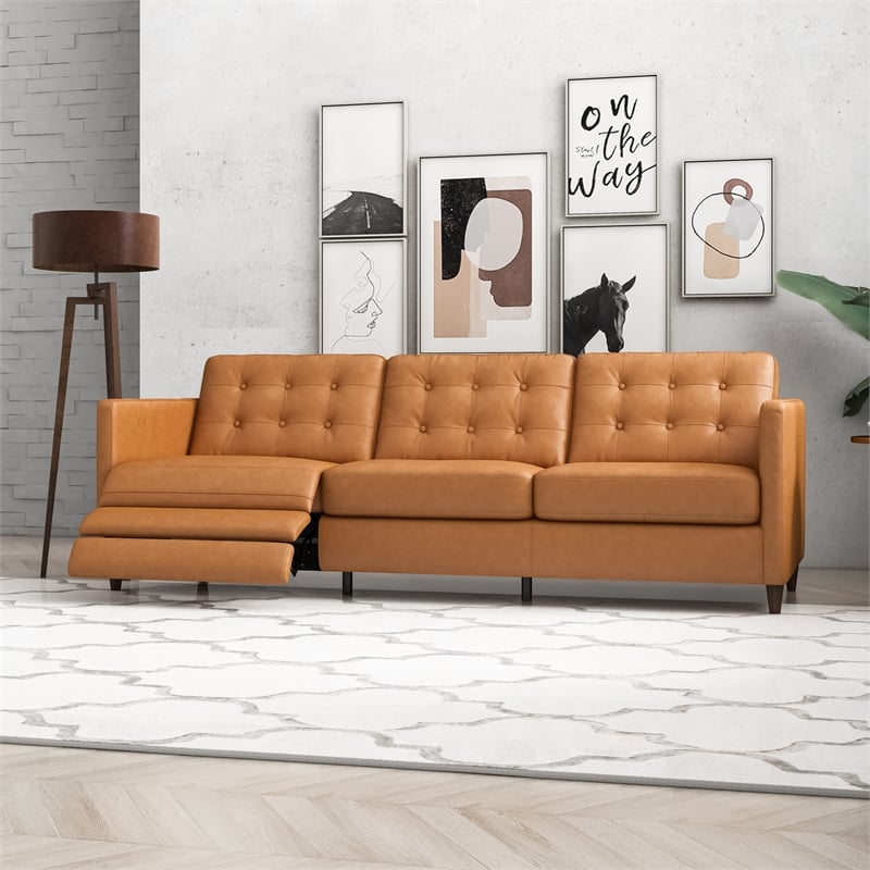 Pemberly Row Living Room Cognac Tan Leather Power Left-Facing Incliner Couch