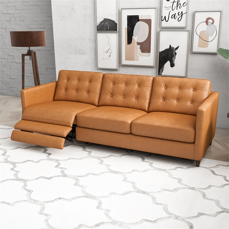 Pemberly Row Living Room Cognac Tan Leather Power Left-Facing Incliner Couch