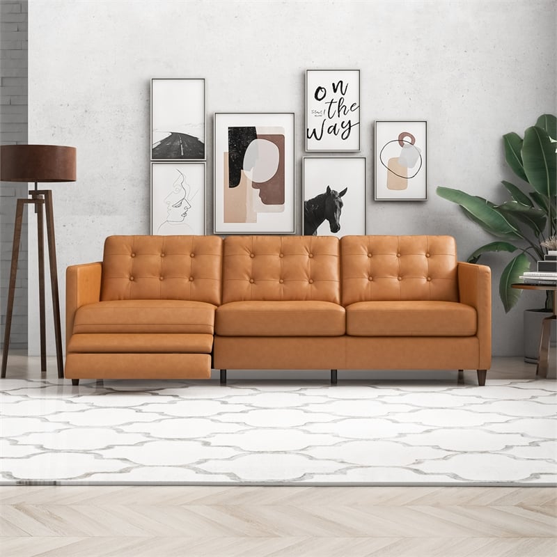 Pemberly Row Living Room Cognac Tan Leather Power Left-Facing Incliner Couch