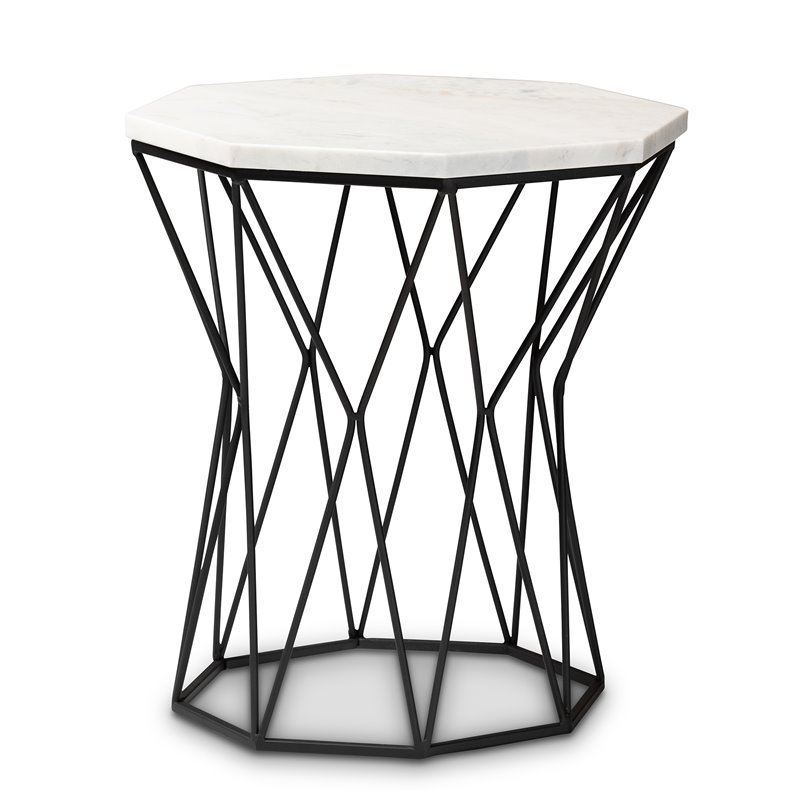 Pemberly Row Modern Black Metal End Table with Marble Tabletop