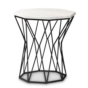 Pemberly Row Modern Black Metal End Table with Marble Tabletop