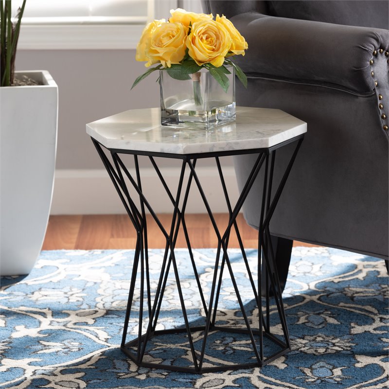 Pemberly Row Modern Black Metal End Table with Marble Tabletop