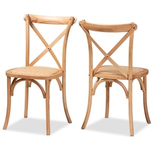 Pemberly Row Brown Woven Rattan and Wood 2-Piece Dining Chair Set