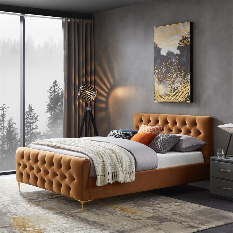 Pemberly Row Mid-Century Modern Velvet Upholstered Queen Platform Bed in Tan