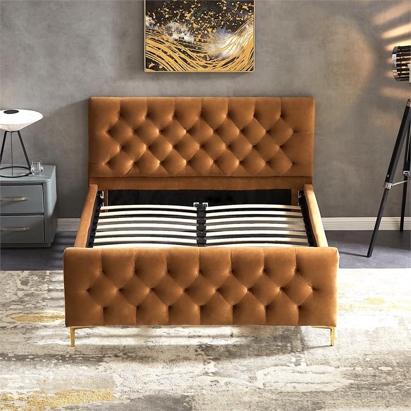 Pemberly Row Mid-Century Modern Velvet Upholstered Queen Platform Bed in Tan