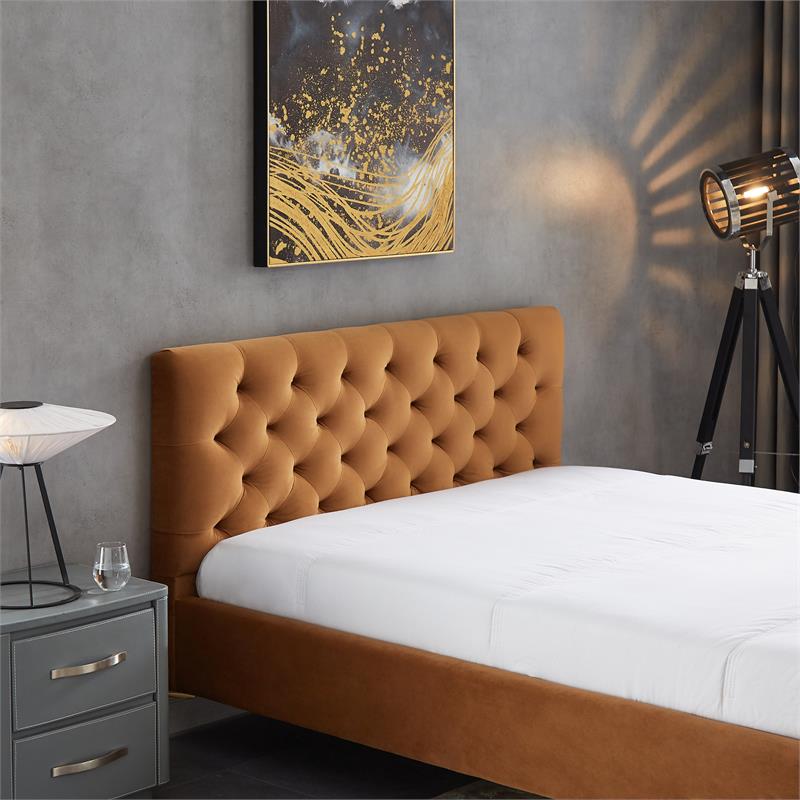 Pemberly Row Mid-Century Modern Velvet Upholstered Queen Platform Bed in Tan