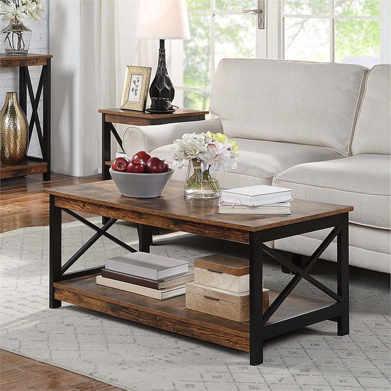 Pemberly Row Coffee Table with Shelf - Nutmeg Wood Finish with Black Metal Frame