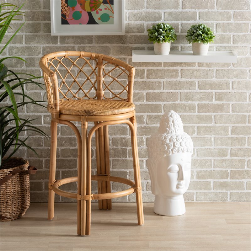 Pemberly Row Modern Bohemian Natural Brown Rattan Counter Stool