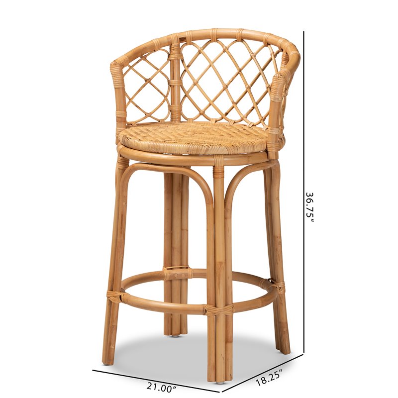 Pemberly Row Modern Bohemian Natural Brown Rattan Counter Stool