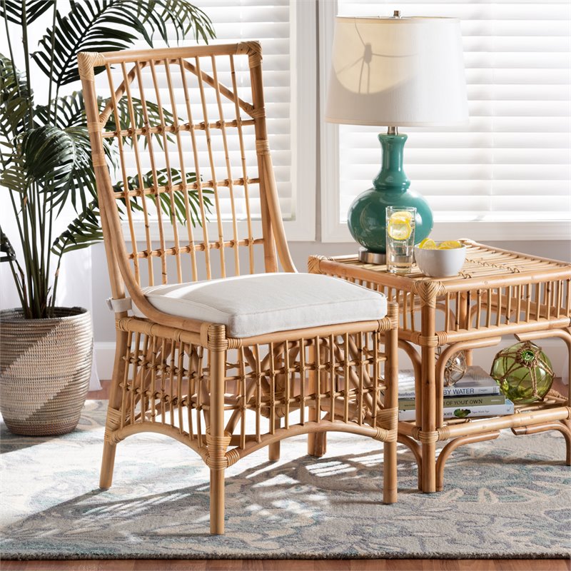 Pemberly Row Rose White Fabric Upholstered and Brown Rattan Dining Chair