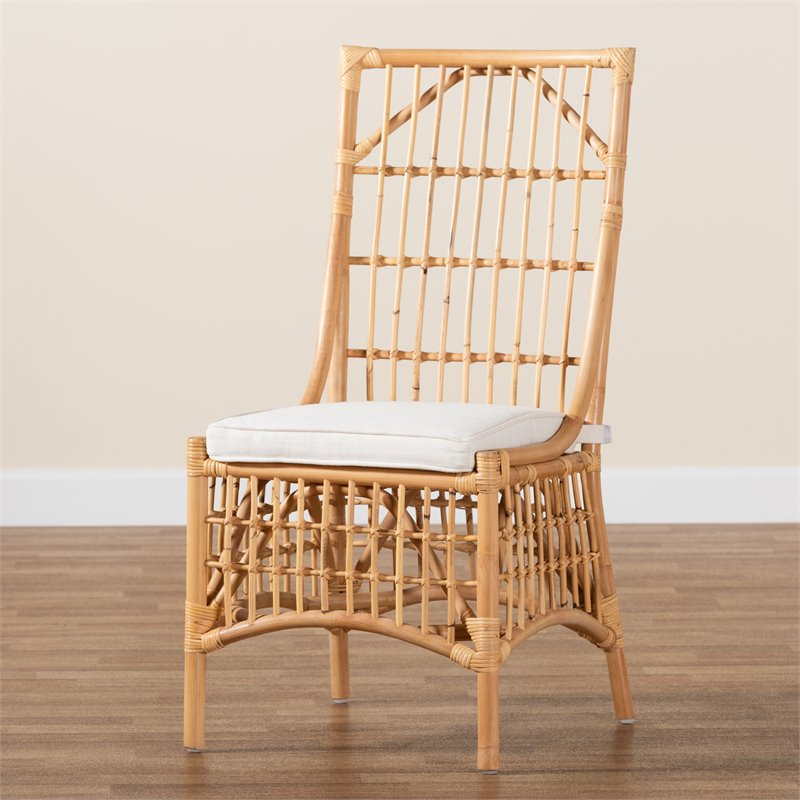 Pemberly Row Rose White Fabric Upholstered and Brown Rattan Dining Chair