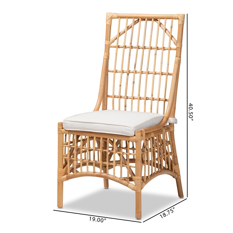 Pemberly Row Rose White Fabric Upholstered and Brown Rattan Dining Chair