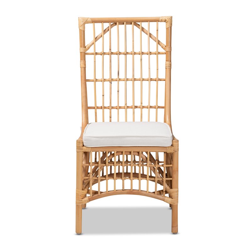 Pemberly Row Rose White Fabric Upholstered and Brown Rattan Dining Chair