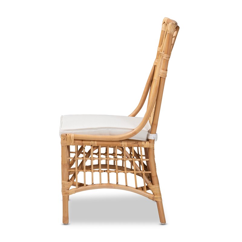 Pemberly Row Rose White Fabric Upholstered and Brown Rattan Dining Chair